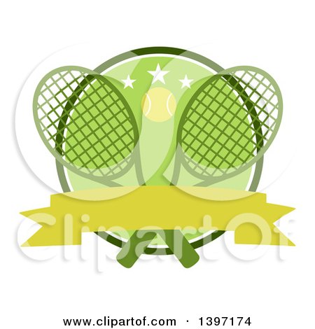 Clipart of a Ball over Crossed Tennis Rackets and a Green Circle with Stars and a Blank Ribbon Banner - Royalty Free Vector Illustration by Hit Toon