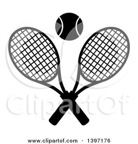 Clipart of a Black and White Silhouetted Ball over Crossed Tennis Racket - Royalty Free Vector Illustration by Hit Toon