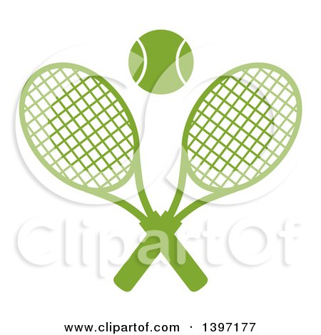 Clipart of a Green Silhouetted Ball over Crossed Tennis Rackets - Royalty Free Vector Illustration by Hit Toon