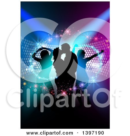 Clipart of a Background of Silhouetted Dancers with Magical Swooshes over Colorful Lights - Royalty Free Vector Illustration by dero