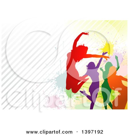Clipart of a Group of Colorful Silhouetted Women Dancing and Jumping over Colorful Splatters and Diagonal Stripes - Royalty Free Vector Illustration by dero