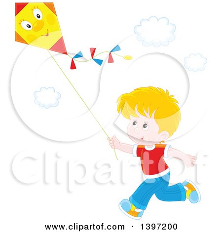 Clipart of a Happy Blond Caucasian Boy Running and Flying a Kite - Royalty Free Vector Illustration by Alex Bannykh