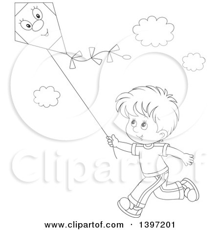 Clipart of a Happy Black and White Lineart Boy Running and Flying a Kite - Royalty Free Vector Illustration by Alex Bannykh
