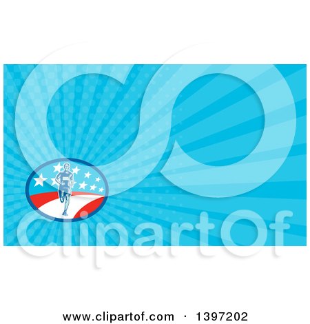 Clipart of a Retro Woodcut Male Marathon Runner in an American Oval and Blue Rays Background or Business Card Design - Royalty Free Illustration by patrimonio