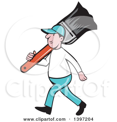 Clipart of a Retro Cartoon White Male House Painter Carrying a Giant Brush on His Shoulder - Royalty Free Vector Illustration by patrimonio