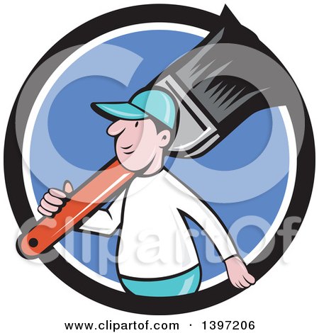 Clipart of a Retro Cartoon White Male House Painter Carrying a Giant Brush on His Shoulder, Emerging from a Black White and Blue Circle - Royalty Free Vector Illustration by patrimonio