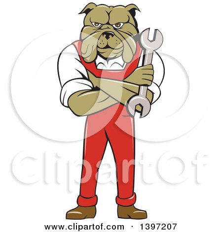Clipart of a Cartoon Bulldog Man Mechanic with Folded Arms, Holding a Wrench - Royalty Free Vector Illustration by patrimonio