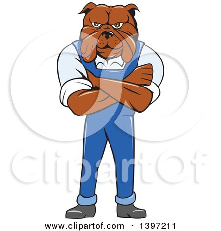 Clipart of a Cartoon Bulldog Man Standing with Folded Arms, Wearing Overalls - Royalty Free Vector Illustration by patrimonio