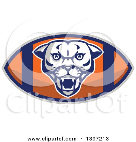 Clipart of a Retro Fierce Mountain Lion Puma Cougar Face on an American Football - Royalty Free Vector Illustration by patrimonio