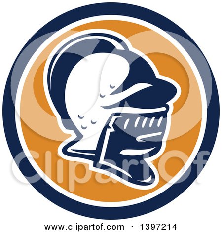 Clipart of a Retro Knight Helmet in a Blue White and Orange Circle - Royalty Free Vector Illustration by patrimonio