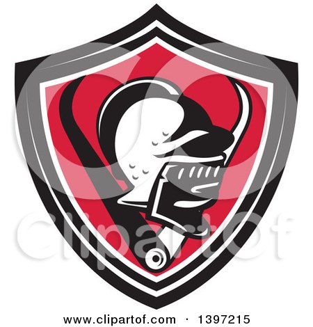 Clipart of a Retro Knight Helmet and Caliper Set in a Black White and Red Shield - Royalty Free Vector Illustration by patrimonio