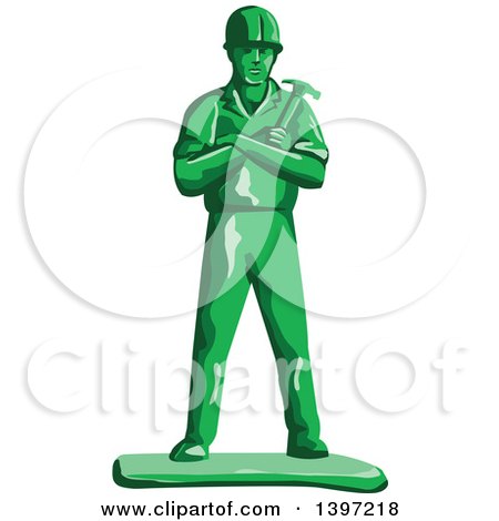 Clipart of a Retro Green Toy Male Carpenter or Builder with Folded Arms, Holding a Hammer - Royalty Free Vector Illustration by patrimonio