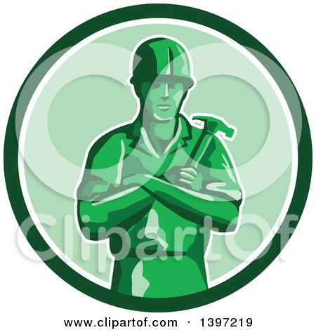 Clipart of a Retro Green Toy Male Carpenter or Builder with Folded Arms, Holding a Hammer in a Circle - Royalty Free Vector Illustration by patrimonio