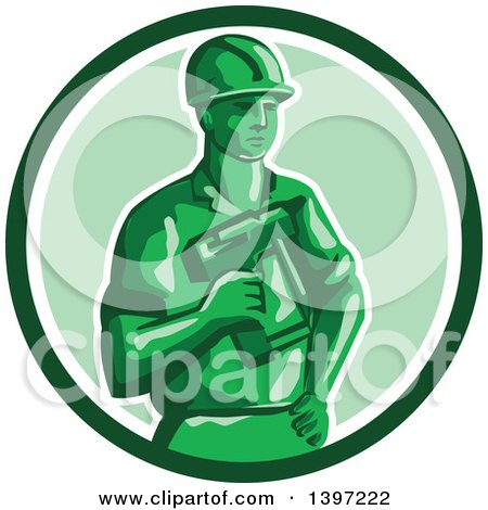 Clipart of a Retro Green Toy Construction Worker Holding a Nail Gun in a Circle - Royalty Free Vector Illustration by patrimonio