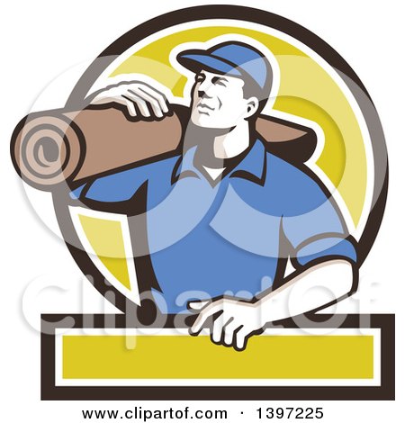Clipart of a Retro Male Carpet Layer Carrying a Roll in a Black White and Green Frame - Royalty Free Vector Illustration by patrimonio