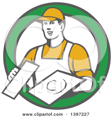 Clipart of a Retro Male Plasterer Holding Trowels in a Green and White Circle - Royalty Free Vector Illustration by patrimonio