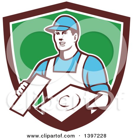 Clipart of a Retro Male Plasterer Holding Trowels in a Shield - Royalty Free Vector Illustration by patrimonio