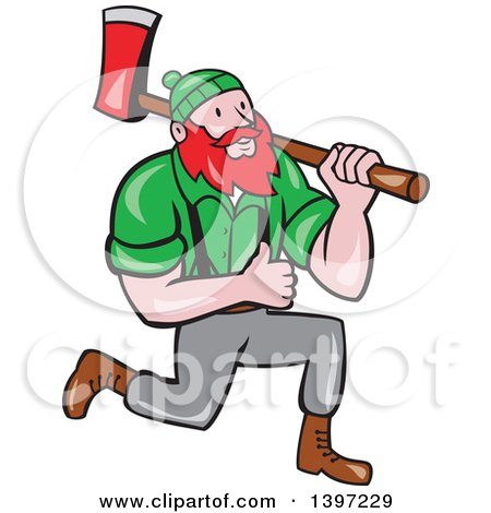 Clipart of a Cartoon Red Haired Lumberjack, Paul Bunyan, Kneeling, Carrying an Axe and Giving a Thumb up - Royalty Free Vector Illustration by patrimonio