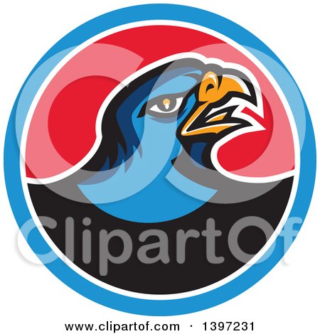 Clipart of a Retro Blue Hawk Bird in a Blue White and Red Circle - Royalty Free Vector Illustration by patrimonio