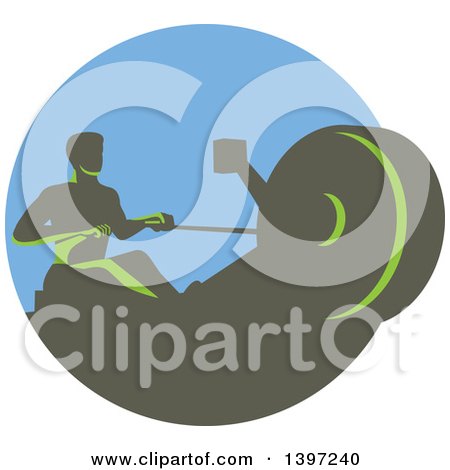 Clipart of a Retro Green Man Working out on a Rowing Machine, in a Circle - Royalty Free Vector Illustration by patrimonio