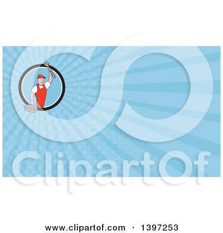 Clipart of a Retro Cartoon White Male Mechanic Holding a Tool Box and Wrench and Blue Rays Background or Business Card Design - Royalty Free Illustration by patrimonio