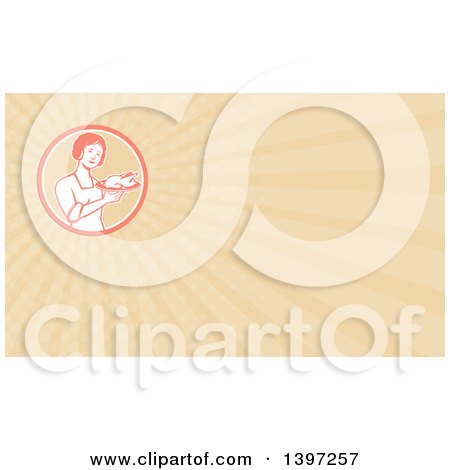 Clipart of a Retro Housewife Holding a Roasted Chicken on a Plate and Pastel Orange Rays Background or Business Card Design - Royalty Free Illustration by patrimonio