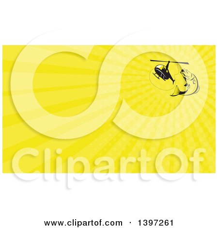 Clipart of a Retro Barramundi Asian Sea Bass Fish Jumping and Swallowing a Fishing Line Attached to a Helicopter and Yellow Rays Background or Business Card Design - Royalty Free Illustration by patrimonio
