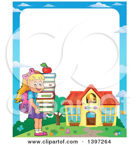 Clipart of a Border of a Blond Caucasian School Girl Holding a Stack of Books - Royalty Free Vector Illustration by visekart