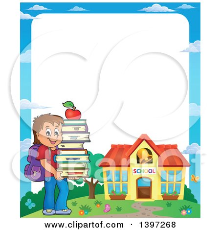 Clipart of a Border of a Brunette Caucasian School Boy Holding a Stack of Books - Royalty Free Vector Illustration by visekart