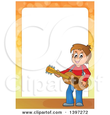 Clipart of a Border of a Brunette Caucasian Boy Playing a Guitar - Royalty Free Vector Illustration by visekart