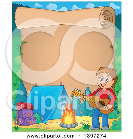 Clipart of a Scroll Border of a Brunette Caucasian Boy Playing a Guitar by a Camp Fire - Royalty Free Vector Illustration by visekart