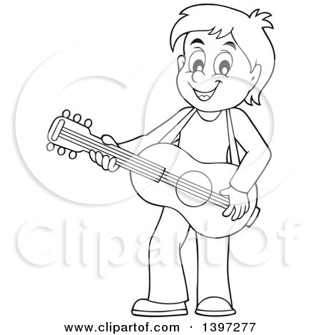 Clipart of a Black and White Lineart Boy Playing a Guitar - Royalty Free Vector Illustration by visekart