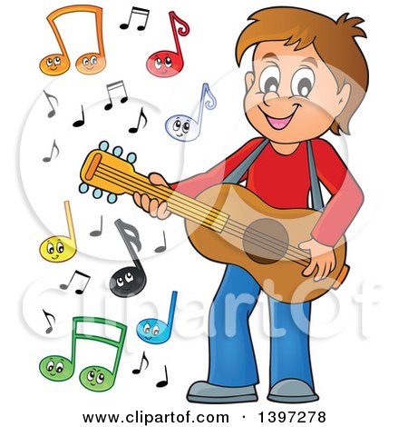 Clipart of a Brunette Caucasian Boy Playing a Guitar, with Happy Music Notes - Royalty Free Vector Illustration by visekart