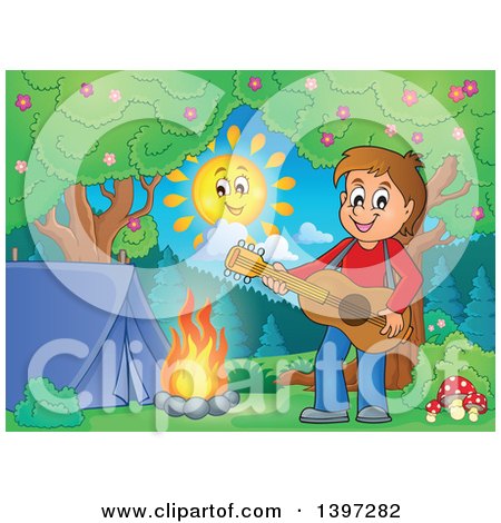 Clipart of a Brunette Caucasian Boy Playing a Guitar by a Camp Fire - Royalty Free Vector Illustration by visekart
