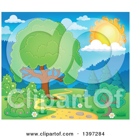 Clipart of a Lush Tree with a Green Canopy and a Path on a Sunny Day - Royalty Free Vector Illustration by visekart