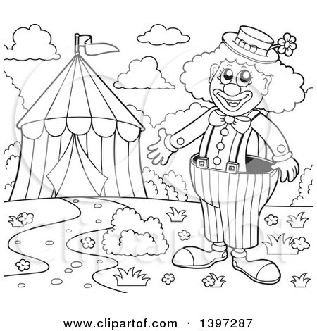 Clipart of a Black and White Lineart Happy Clown Presenting a Big Top Circus Tent - Royalty Free Vector Illustration by visekart