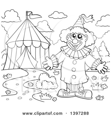 Clipart of a Black and White Lineart Happy Clown Welcoming by a Big Top Circus Tent - Royalty Free Vector Illustration by visekart