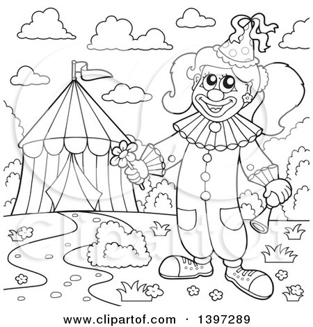 Clipart of a Black and White Lineart Happy Clown Holding a Flower by a Big Top Circus Tent - Royalty Free Vector Illustration by visekart