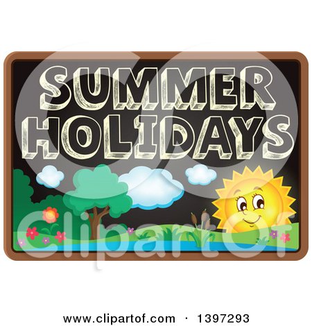 Clipart of a School Black Board with Summer Holidays Text and a Landscape - Royalty Free Vector Illustration by visekart
