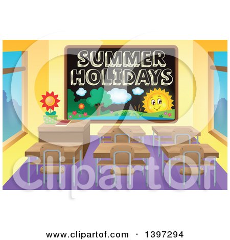 Clipart of a School Black Board with Summer Holidays Text and a Landscape in a Class Room - Royalty Free Vector Illustration by visekart