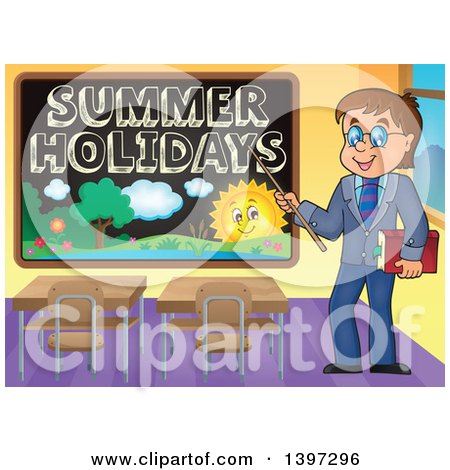 Clipart of a Happy Brunette Caucasian Male Teacher Pointing to a Summer Holidays Black Board - Royalty Free Vector Illustration by visekart