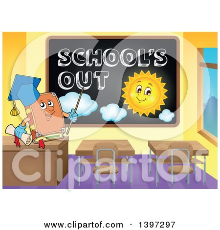 Clipart of a Professor Owl by a Black Board with School's out Text and a Sun - Royalty Free Vector Illustration by visekart