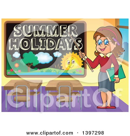Clipart of a Happy Brunette Caucasian Female Teacher Pointing to a Summer Holidays Black Board - Royalty Free Vector Illustration by visekart