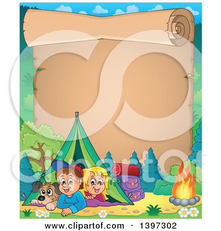 Clipart of a Scroll Border of a Dog, Boy and Girl Resting in Their Tent by a Camp Fire - Royalty Free Vector Illustration by visekart