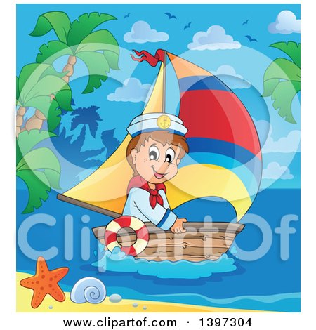 Clipart of a Happy Caucasian Sailor Boy in a Tropical Bay - Royalty Free Vector Illustration by visekart