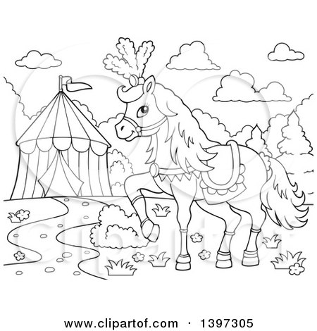 Clipart of a Black and White Lineart Fancy Circus Horse Prancing by a Big Top Tent - Royalty Free Vector Illustration by visekart