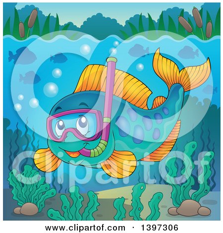 Clipart of a Happy Snorkeling Fish Underwater - Royalty Free Vector Illustration by visekart