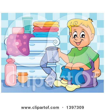 Clipart of a Cartoon Happy Blond Caucasian Boy Sitting on a Potty Training Chair and Holding Toilet Paper - Royalty Free Vector Illustration by visekart