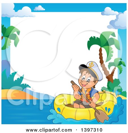 Clipart of a Border of a Happy Brunette Caucasian Sailor Boy in a Raft or Emergency Boat - Royalty Free Vector Illustration by visekart