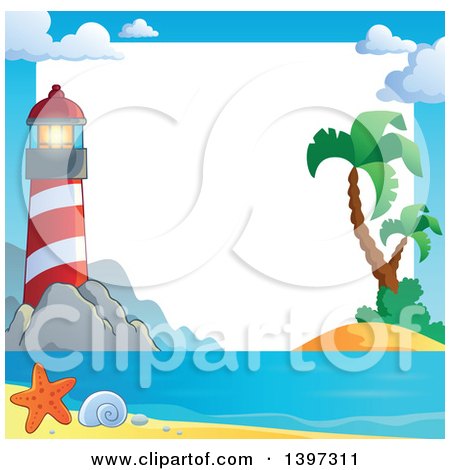 Clipart of a Border of a Lighthouse, Sand and Palm Trees - Royalty Free Vector Illustration by visekart